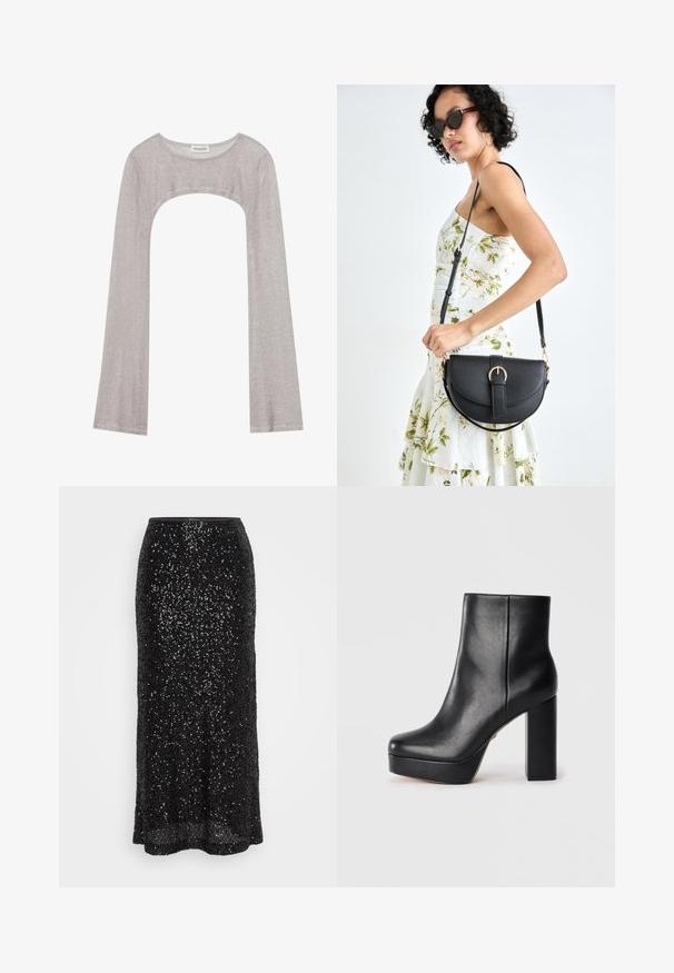 Sudraba garām piedurknēm augšdaļa ar noapaļotu dekoltē un izgriezumu zemāk. Izgatavota no teksturēta auduma, ar pieguļošu dizainu un plandošām piedurknēm.; Melnas sekvīnu midi svārki ar pieguļošu siluetu. Gluda oderējums, neliels platums apakšējā daļā un mirdzoša virsma.; Melnas ādas platforma potīšu zābaki ar kvadrātveida purngalu un biezu augstu blokveida papēdi, rādīti no sāniem uz balta fona.; Melnas ādas rokassoma ar izliekta formu, noņemamu siksnu un zelta aksesuāriem. Somai ir vāciņš ar sprādzes detaļu.