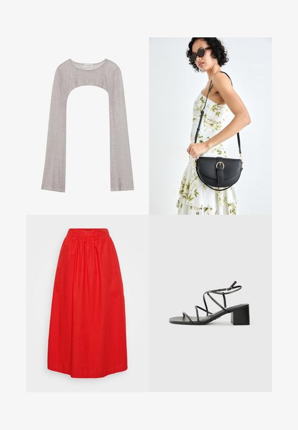 Hõbedane pika varrukaga topp ümarate peadega ja lõigetega all. Valmistatud tekstuuriga kangast, millel on kehaeenduv disain ja laienevad varrukad.; Punane puusa pikkusega seelik, mis on valmistatud kerge kangaga. Omab kogutud elastset vöökohta ja sileda, kaunistusteta pinda.; Mustad musta rihmaga sandaalid, ruudukujulise varbaga ja paksu kontsaga, valmistatud siledast materjalist. Omab reguleeritavaid pahkluu rihmu ja minimaalset riistvara.; Mustmust mustraha kõverate joontega, eemaldatava rihmaga ja kuldsete detailidega. Kotil on klapp, millel on pandladetail.