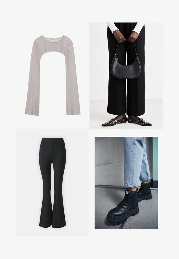 Srebrna bluza z dolgimi rokavi in okroglim izrezom, z izrezom spodaj. Narejena iz teksturiranega materiala, z oprijetim krojem in razširjenimi rokavi.; Črne razširjene hlače, narejene iz raztegljive tkanine. Imajo visok pas in gladek, oprijet dizajn, ki se razširi od kolena navzdol.; Črne visoke čevlje iz usnja z teksturiranim zaključkom, debele gumijaste podplate in črne vezalke, v kombinaciji s svetlo modrimi denimo hlačami s podvrti.; Črna usnjena torba za ramo z zaokroženo obliko, sijajno površino in srebrnimi dodatki. Oseba nosi črne široke hlače in loaferje s konicami.