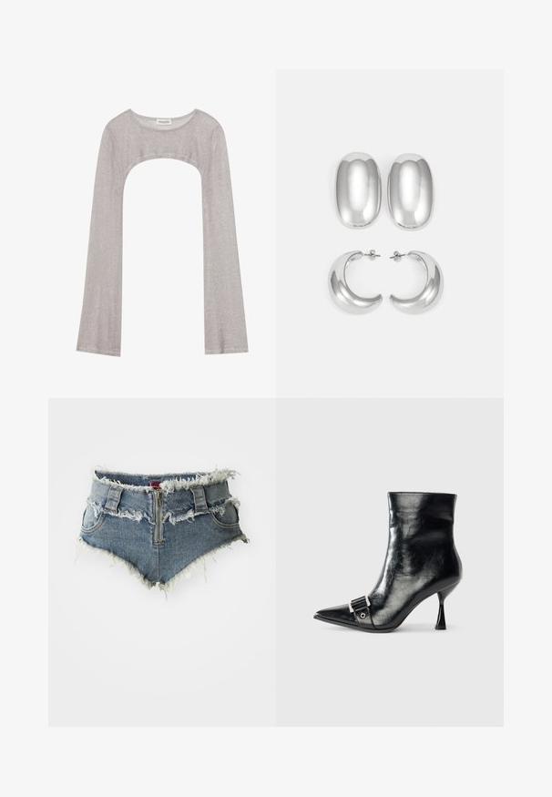Srebrna bluza z dolgimi rokavi in okroglim izrezom, z izrezom spodaj. Narejena iz teksturiranega materiala, z oprijetim krojem in razširjenimi rokavi.; Denim kratke hlače s raztrganim robom, visokim pasom, zadrgo na sprednji strani in dvema sprednjima žepoma. Material je iz bledomodrega denima z obrabljenimi detajli.; Črne gležnjarje iz sijoče usnje s koničastim prstom, opremljene s srebrno zaponko in edinstvenim trikotnim podplatom.; Set srebrnih uhani: dva ovalna ušesa in dve obročni obliki, z visokim sijajem, gladko površino in okroglo obliko.