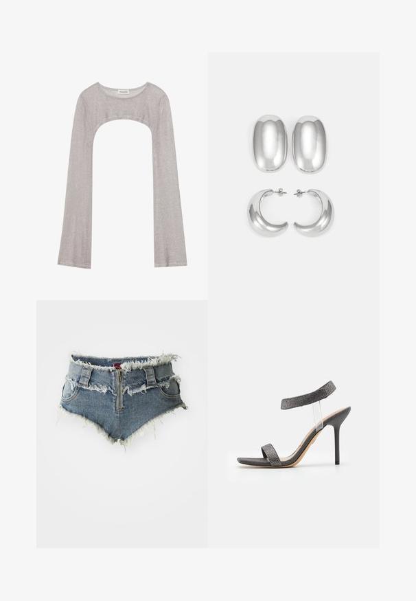 Zilveren lange mouwen top met een ronde hals en een uitsnede eronder. Gemaakt van gestructureerde stof, met een aansluitend ontwerp en uitlopende mouwen.; Denim shorts met rafelige zoom, hoge taille, rits aan de voorkant en twee zijzakken. Het materiaal is een vervaagde blauwe denim met versleten details.; Zwarte sandalen met hoge hakken en een doorzichtige band, met een gestructureerde bovenkant en een slanke stilettohak. Heeft een brede voorband en glinsterende accenten.; Zilverkleurige oorbellen set: twee ovale studs en twee halve maantjes, met een glanzende, soepele afwerking en een afgerond ontwerp.