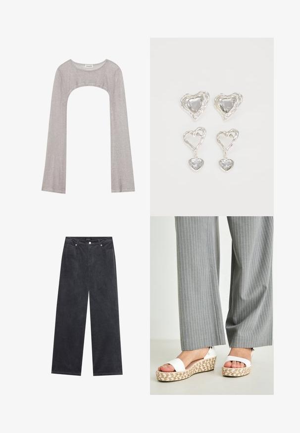 Bluza argintie cu mânecă lungă, decolteu rotund și o decupare dedesubt. Fabricată dintr-un material texturat, are un design ajustat și mâneci evazate.; Pantaloni cu picioare largi din catifea gri închis, cu închidere cu buton, patru buzunare și un finisaj moale texturat.; Sandale albe cu platformă din espadrile împletite, având un brâu superior neted și un detaliu metalic subtil la toc. Pantaloni gri cu dungi fine vizibili.; Cerceii în formă de inimă argintie sunt decorați cu pietre clare fațetate, având un cadru texturat. Setul include stiluri cu buton și cu pandantiv.