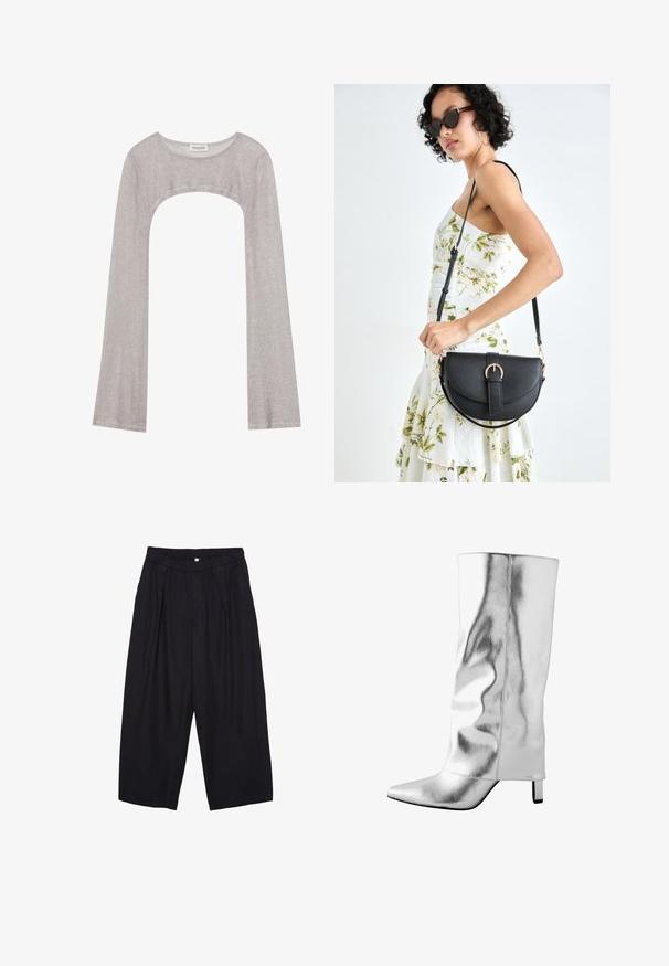 Stříbrný dlouhý rukáv top s kulatým výstřihem a výřezem dole. Vyroben z texturované tkaniny, s přiléhavým střihem a rozšířenými rukávy.; Černé polyesterové culotte kalhoty s elastickým pasem, dvěma předními sklady a volným siluetou. Žádné viditelné vzory ani kovové detaily.; Stříbrné kožené vysoké boty po kolena s špičatou špičkou, hladkým povrchem a elegantním designem. Obsahují malý blokový podpatek a prošívané detaily.; Černá kožená kabelka s křivkovým tvarem, odnímatelným popruhem a zlatými detaily. Kabelka má klopu s přezkou.
