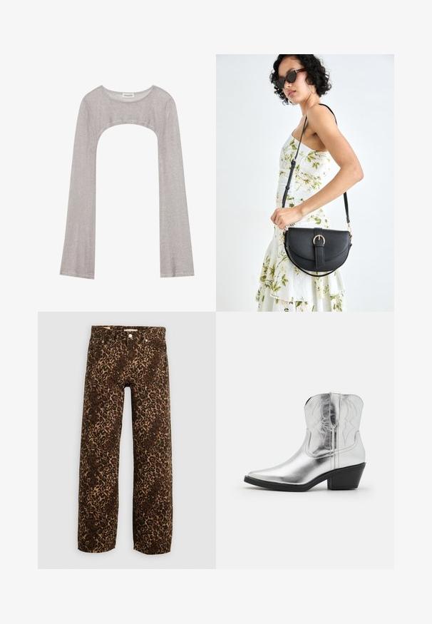 Sudraba garām piedurknēm augšdaļa ar noapaļotu dekoltē un izgriezumu zemāk. Izgatavota no teksturēta auduma, ar pieguļošu dizainu un plandošām piedurknēm.; Leparda raksta platā kāju džinsi brūnā un sarkanā krāsā. Izgatavoti no denima, tiem ir klasiskā piecu kabatu dizains un metāla akcenti.; Sudraba ādas kovboju zābaki ar izteiktu pirkstu, izšūtu detaļu uz staba un mērenu melnu papēdi. Gluda un spīdīga virsma.; Melnas ādas rokassoma ar izliekta formu, noņemamu siksnu un zelta aksesuāriem. Somai ir vāciņš ar sprādzes detaļu.