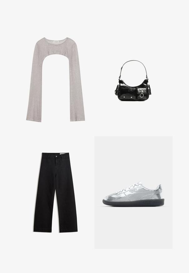 Srebrna dugorukava majica s okruglim izrezom i izrezom ispod. Izrađena od teksturiranog materijala, s prianjajućim dizajnom i flared rukavima.; Crne široke traperice s visokim strukom, s prednjim i stražnjim džepovima, šivenim šavovima i kopčanjem na gumb. Glatka tekstura.; Srebrne tenisice s glatkom, reflektirajućom površinom, s crnim gumenim potplatima i klasičnim vezanjem. Puma logo sa strane.; Crna patentna kožna torba s zakrivljenim oblikom, jednim remenom za rame, prednjim džepovima i akcentima od srebrnog tona.
