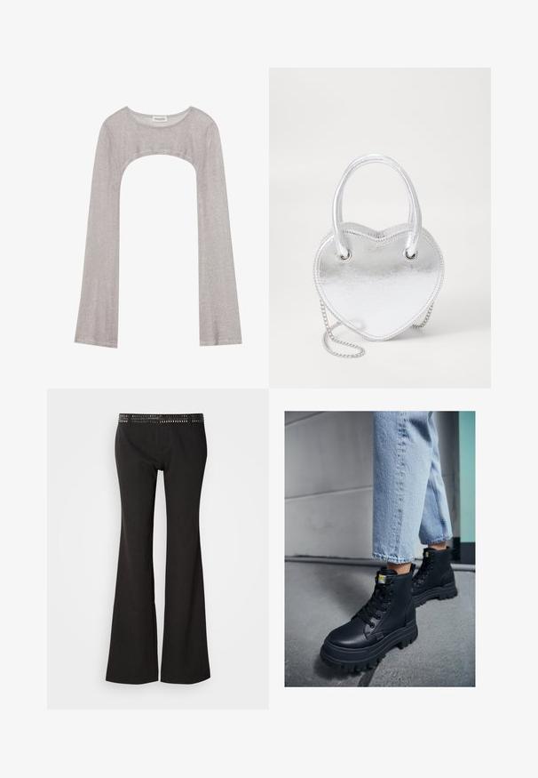 Sidabrinė ilgarankovė palaidinė su apvaliu iškirpimu ir išpjova apačioje. Pagaminta iš tekstūruoto audinio, pasižyminti prigludusia siluetu ir išsiplėtusiomis rankovėmis.; Juodos, platėjančios kelnės su tekstūruotu juosmeniu, puoštos metaliniais smeigtukais. Audinys subtiliai blizga ir yra lygios faktūros.; Juodos aukštosios botai su tekstūruota oda, storu guminiu padu ir juodais raišteliais, derinami su šviesiai mėlynomis suktomis džinsomis.; Sidabrinė metalinė širdies formos rankinė su dviem rankenomis, grandininiu diržu ir lygia textura. Yra metaliniai elementai ir siūti kraštai.