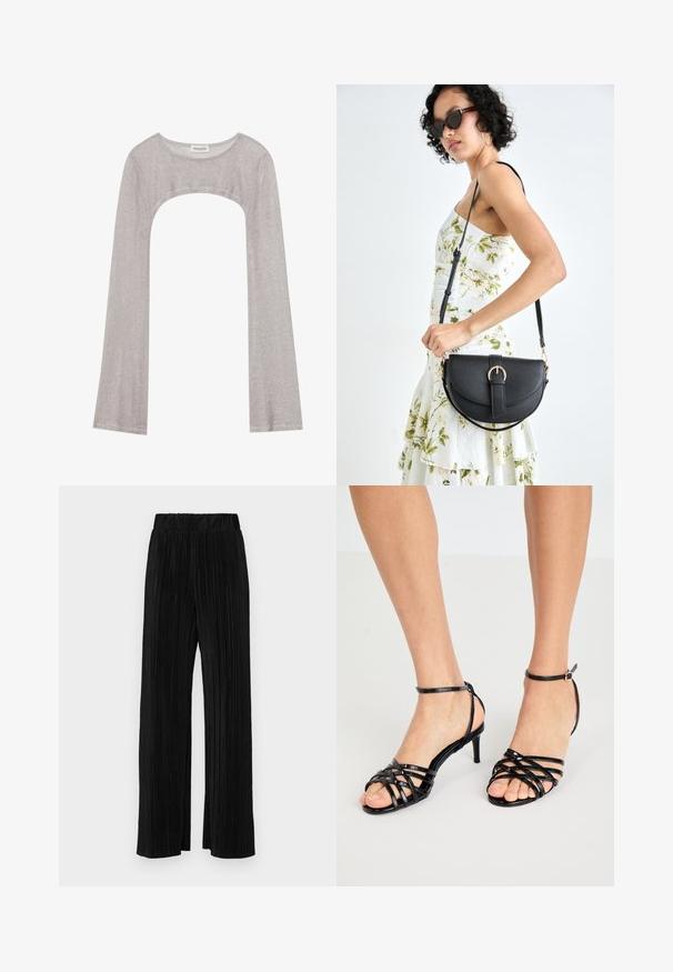 Ezüst hosszú ujjú felső kerek nyakkivágással és alul kivágott résszel. Texturált anyagból készült, testhezálló szabással és bővülő ujjakkal.; Fekete pliszírozott nadrág gumis derekkal. Széles lábakkal rendelkezik, sima, texturált anyagból készült, függőleges csíkokkal.; Fekete, pántos, magassarkú szandálok fényes felülettel. Bokapánt csattal. Nyitott orrú dizájn keresztbe húzódó díszítéssel.; Fekete bőrtáska ívelt formával, levehető pánttal és arany színű fémrészekkel. A táskán egy csattal díszített fedél található.