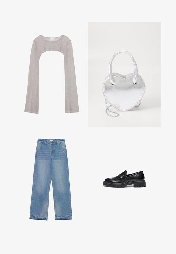 Sudraba garām piedurknēm augšdaļa ar noapaļotu dekoltē un izgriezumu zemāk. Izgatavota no teksturēta auduma, ar pieguļošu dizainu un plandošām piedurknēm.; Gaiši zila augsta jostasvieta plaša ar biksēm ar pogu aizdari, priekšējām kabatām, jostas cilpiņām un vieglu izbalējušu apdari.; Melni ādas loafers ar noapaļotu purngalu, izšūtu detalizāciju un masīvu gumijas zoli ar teksturētu berzes rakstu.; Sudraba metāla sirds formas soma ar divām rokturēm, ķēdes siksnu un gludu faktūru. Iespējas ietver metāla furnitūru un izšūtas malas.