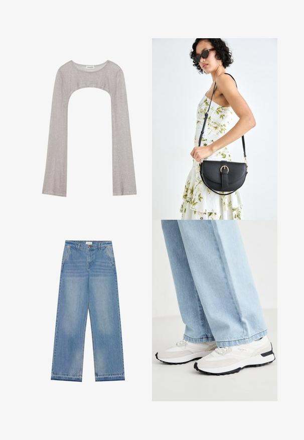 Srebrna bluza z dolgimi rokavi in okroglim izrezom, z izrezom spodaj. Narejena iz teksturiranega materiala, z oprijetim krojem in razširjenimi rokavi.; Svijetloplave traperice visokog struka širokih nogavica s kopčanjem na dugme, prednjim džepovima, petljama za remen i suptilnim oštećenjima.; Športni superge z belim mrežastim zgornjim delom, sivi semiš poudarki, črn gumijast podplat in strukturirani dizajn na strani.; Črna usnjena torbica s ukrivljeno obliko, z odstranljivo naramnico in zlatimi dodatki. Torbica ima pokrov s podrobnostmi v obliki zaponke.