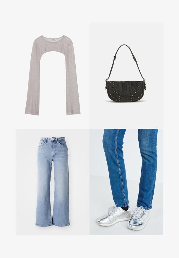 Ezüst hosszú ujjú felső kerek nyakkivágással és alul kivágott résszel. Texturált anyagból készült, testhezálló szabással és bővülő ujjakkal.; Világoskék, magas derekú, bőszárú farmernadrág elülső és hátsó zsebekkel, gombos záródással és finom fakulással a combokon és a szegélyeken.; Ezüst fémes sportcipők sima tekstúrával, kerek orral és fehér gumitalppal, amelyekhez szabott kék farmernadrág illik, enyhe varrással.; Fekete velúr táska ívelt kialakítással, szegecses részletekkel és texturált felülettel. Állítható pánt, a széle mentén tűzijáték részletekkel.