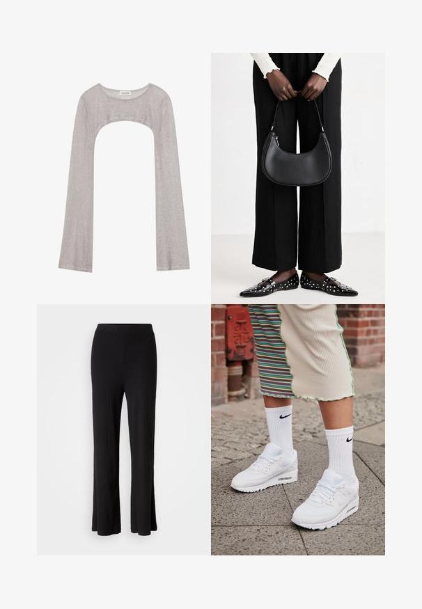 Top prateado de manga longa com um decote arredondado e recorte na parte inferior. Feito de tecido texturizado, apresentando um design ajustado e mangas largas.; Calças largas pretas com um tecido canelado, cintura elástica suave e bainha larga. O tecido é macio e elástico, proporcionando conforto.; Sapatilhas Nike Air Max 90 brancas com parte superior em malha e couro, apresentando uma unidade de ar visível, combinadas com meias brancas texturizadas com logotipo preto.; Bolsa de ombro de couro preta com forma arredondada, acabamento brilhante e ferragens prateadas. Pessoa vestindo calças largas pretas e mocassins com tachas.