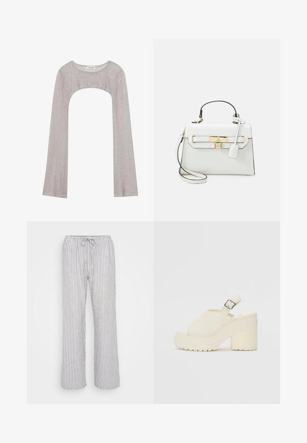 Stříbrný dlouhý rukáv top s kulatým výstřihem a výřezem dole. Vyroben z texturované tkaniny, s přiléhavým střihem a rozšířenými rukávy.; Světlé šedé pruhované kalhoty s elastickým pasem, stahovací šňůrkou a širokým střihem. Vyrobeno z měkké, prodyšné látky.; Bílé platformové boty s otevřenou špičkou a páskem kolem paty. Vyrobené z texturovaného materiálu, s tlustou podrážkou s protiskluzovými vzory.; Bílá kabelka s krokodýlí texturou, zlatou kovovou bižuterií, horním uchem a odnímatelným ramenním popruhem; obsahuje zámkové zapínání a minimalistický design.