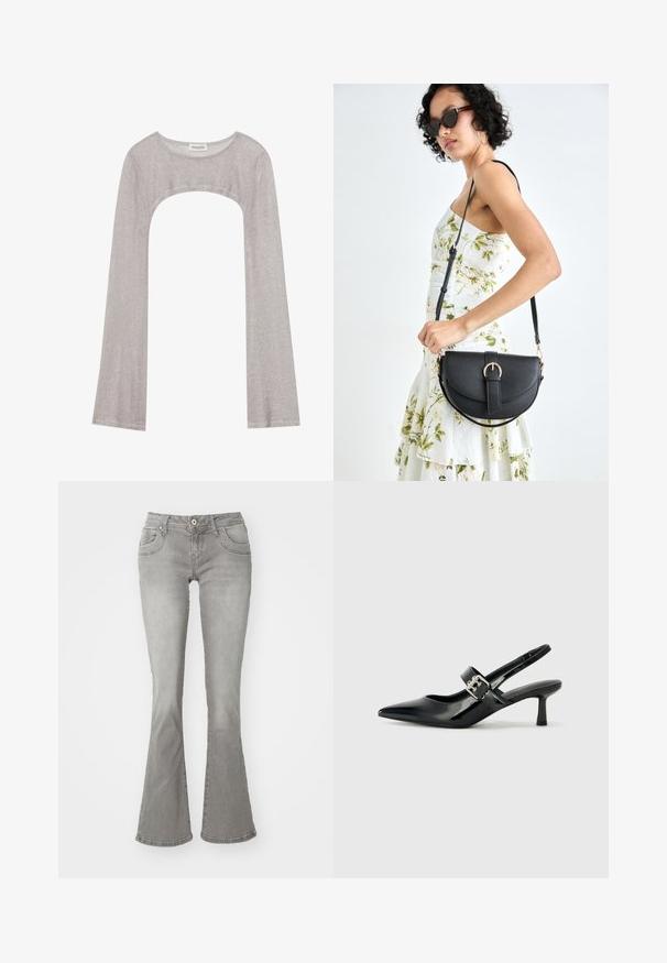 Srebrna dugorukava majica s okruglim izrezom i izrezom ispod. Izrađena od teksturiranog materijala, s prianjajućim dizajnom i flared rukavima.; Sive trapezaste traperice srednjeg struka, s prednjim džepovima i zatvaranjem na gumb, izrađene od denima s glatkom teksturom.; Crne lakirane slingback potpetice s oštrim prstom i malom blok petom, s naglaskom na srebrnoj kopči na remenu.; Crna kožna torba s lukovitim oblikom, odvojivim remenom i zlatnim detaljima. Torba ima preklop s kopčom.