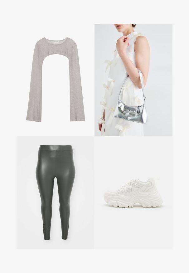 Srebrna bluza z dolgimi rokavi in okroglim izrezom, z izrezom spodaj. Narejena iz teksturiranega materiala, z oprijetim krojem in razširjenimi rokavi.; Visoko pasirane, oprijete legice v temno zeleni barvi, izdelane iz sijočega, raztegljivega materiala. Gladka tekstura brez žepov ali dodatnih detajlov.; Beli masivni športni čevlji z teksturirano površino, mrežnimi paneli in debelimi gumijastimi podplati s izrazitim profilom. Vključene so vezalke in zanka za poteg.; Srebrna metalna torbica z oblikovano strukturo, ki ima zgornji ročaj in detajl v obliki mašne spredaj. Gladka tekstura, z odsevnimi površinami.