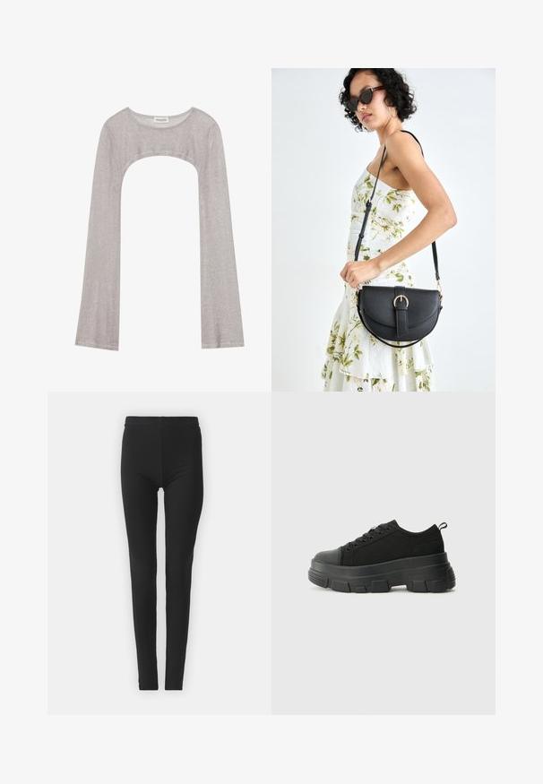 Bluza argintie cu mânecă lungă, decolteu rotund și o decupare dedesubt. Fabricată dintr-un material texturat, are un design ajustat și mâneci evazate.; Leggings negre, elasticizate, cu o croială strânsă, având un talie înaltă și o textura netedă. Fără modele vizibile sau detalii metalice.; Adidași negri cu talpă groasă din cauciuc, superior din material texturat, bot rotund și design cu șireturi. Include gauri întărite pentru șireturi și o buclă pe spate.; Geantă din piele neagră, cu o formă curbată, curea detașabilă și accesorii aurii. Geanta are un capac cu un detaliu tip cataramă.