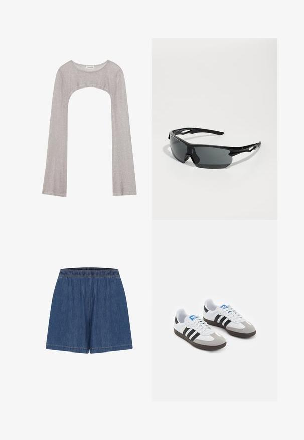 Sudraba garām piedurknēm augšdaļa ar noapaļotu dekoltē un izgriezumu zemāk. Izgatavota no teksturēta auduma, ar pieguļošu dizainu un plandošām piedurknēm.; Kokvilnas šorti ar elastīgu jostasvietu, kas piedāvā brīvu piegriezumu un gludu tekstūru. Krāsa ir vidēja zilā tonī ar kontrastējošiem dūrieniem.; Sporta apavi ar balto ādas virsu, pelēku zamšādas purngalu un trim melnām svītrām. Iezīmē zilu logotipu uz mēles un teksturētu gumijas zoli.; Melni sporta saulesbrilles ar izliektiem stikliem, vieglu plastmasas rāmi un strukturētām tempļiem. Plūstošs dizains ar integrētu deguna atbalstu.; Melnas austo ādas rokassoma ar vaļīgu dizainu, kurai ir mezglots siksna un neliels dekoratīvs zelta uzstuds augšdaļā.