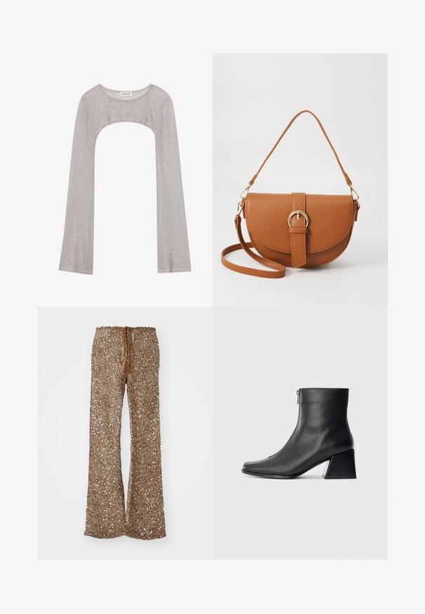 Haut argent à manches longues avec un col rond et une coupe en dessous. Fabriqué en tissu texturé, il présente un design ajusté et des manches évasées.; Pantalons évasés bruns en tissu texturé avec des sequins argentés, dotés d'une taille à cordon de serrage avec des pampilles pour les ajustements.; Bottine en cuir noir avec un bout carré, fermeture éclair sur le côté et talon bloc sur fond clair uni.; Sac bandoulière en cuir marron avec une forme incurvée, quincaillerie dorée et un accent en boucle. Comprend une bandoulière détachable.