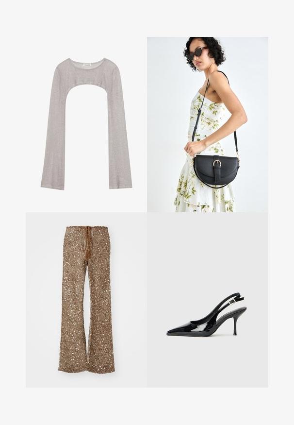Sølv langærmet top med rund halsudskæring og udskæring nedenfor. Lavet af tekstureret stof, med en tætsiddende design og flagrende ærmer.; Brune flagrende bukser lavet af struktureret stof med sølvfarvede palietter, med en drawstring talje med frynser til justering.; Sorte patentlæder slingback pumper med spids tå og slank hæl. Har en justerbar spænde rem bagpå. Glat tekstur.; Sort læderhåndtaske med en buet form, aftagelig rem og guldfinish. Tasken har en klap med en spænde detalje.