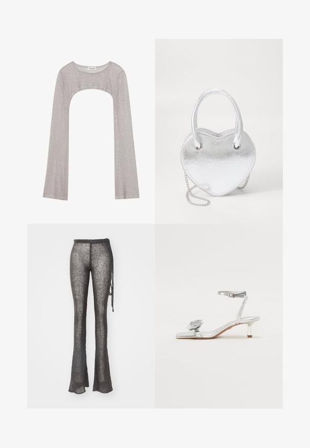 Sidabrinė ilgarankovė palaidinė su apvaliu iškirpimu ir išpjova apačioje. Pagaminta iš tekstūruoto audinio, pasižyminti prigludusia siluetu ir išsiplėtusiomis rankovėmis.; Juodos, megztos kelnės su plačiais apačiais ir atvira mezgimo struktūra. Su raišteliu juosmenyje ir tekstūruotu audiniu.; Sidabrinė metalinė sandalų pora su žemu kulnu, kulkšnies dirželiu ir gėlių akcentu ant pirštų dirželio; lygus paviršius ir elegantiškas dizainas pagerina jos išvaizdą.; Sidabrinė metalinė širdies formos rankinė su dviem rankenomis, grandininiu diržu ir lygia textura. Yra metaliniai elementai ir siūti kraštai.