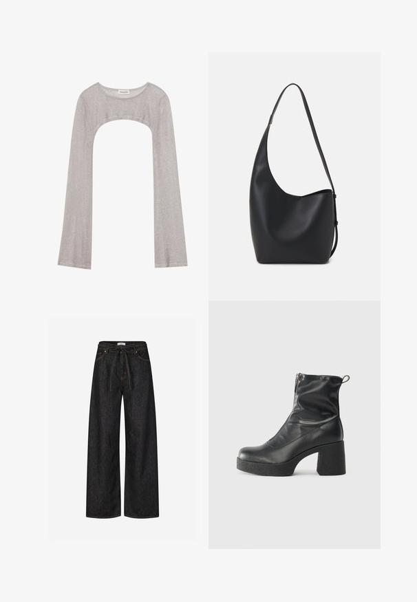 Top prateado de manga longa com um decote arredondado e recorte na parte inferior. Feito de tecido texturizado, apresentando um design ajustado e mangas largas.; Calças largas de ganga escura com cintura alta, cinto com laço e costura contrastante laranja. Apresentam o clássico design de cinco bolsos.; Botas de tornozelo pretas feitas de couro liso, com fecho lateral, salto grosso texturizado e design de bico arredondado.; Saco hobo preto em pele com uma textura lisa, forma curva e uma única alça ajustável; apresenta uma abertura larga na parte de cima.