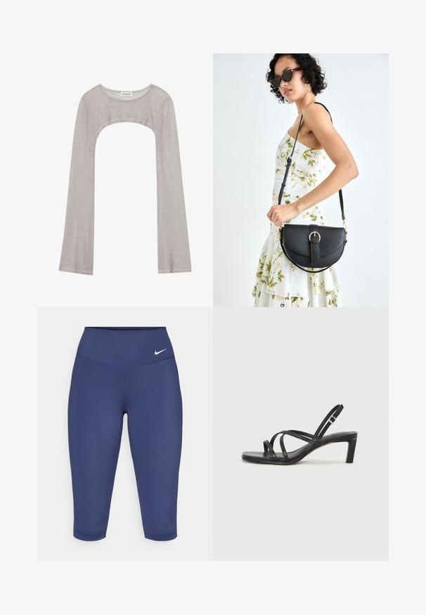 Sølv langermet topp med rund hals og utskjæring under. Laget av teksturert stoff, med en tettsittende design og utsvungne ermer.; Marineblå capri leggings laget av elastisk stoff, med bredt liv og en liten hvit logo på venstre side. Ingen synlige sømmer.; Sorte sandaler med stropper, firkantet tå og lav blokk hæl. Har flere tynne stropper og en justerbar ankelstropp. Laget av glatt lær.; Svart lærveske med en buet form, avtagbar stropp og gullbeslag. Vesken har et klaff med spenne-detall.