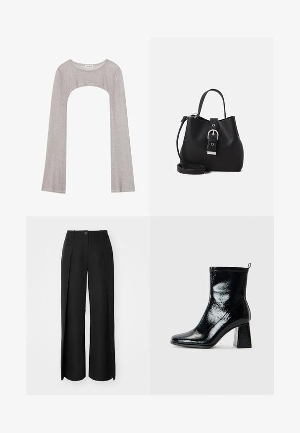 Sølv langermet topp med rund hals og utskjæring under. Laget av teksturert stoff, med en tettsittende design og utsvungne ermer.; Sorte vide bukser laget av glatt materiale har for-pletter, en enkelt knappelukking og beltehemper.; Svart patent ankelstøvel med firkantet tå og chunky geometrisk hæl. Har en jevn, shiny tekstur og en rear pull tab for enkel påkledning.; Svart bøttehåndveske laget av glatt lær, med en strukturert form, kort håndtak og avtakbar skulderrem. Sølvspenne detaljer.