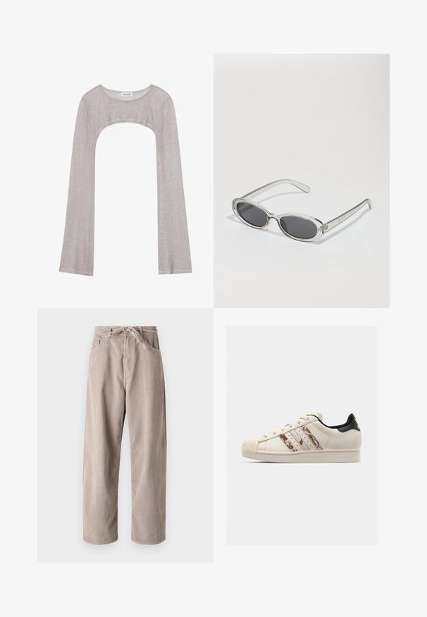Top prateado de manga longa com um decote arredondado e recorte na parte inferior. Feito de tecido texturizado, apresentando um design ajustado e mangas largas.; Calças de veludo cotelê bege com um corte largo, apresentando uma cintura com cordão, dois bolsos frontais e textura em nervuras verticais.; Sapatilha de couro branca com uma biqueira de borracha texturizada em tom off-white. Apresenta três riscas castanhas e um tabuleiro preto no calcanhar. Atacadores planos e detalhe do logótipo.; Óculos de sol com formato oval, armação de plástico transparente, lentes cinza-escuro e hastes finas transparentes com detalhes do logótipo e um design minimalista.