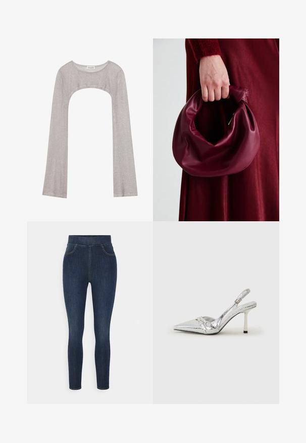 Stříbrný dlouhý rukáv top s kulatým výstřihem a výřezem dole. Vyroben z texturované tkaniny, s přiléhavým střihem a rozšířenými rukávy.; Tmavě modré denimové jeggings s vysokým pasem, slim fit a jemným zesvětlením. Obsahují přední kapsy a hladký, měkký materiál.; Stříbrná slingback vysoká podpatková bota s špičatou špičkou, metalickým povrchem, dvěma Dekorativními pásky a štíhlým podpatkem s černým hrotem.; Burgundská kožená kabelka s měkkým, nabíraným designem a zaobleným tvarem. Ucho je zajištěné a vykazuje hladkou texturu.