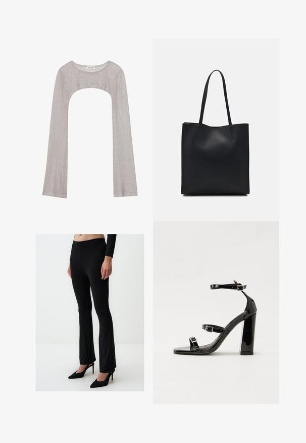 Silbernes Langarmoberteil mit rundem Ausschnitt und Cut-out darunter. Hergestellt aus strukturiertem Stoff, mit figurbetontem Design und ausladenden Ärmeln.; Schwarze Schlaghosen mit einem wellenförmigen Texturmuster. Hergestellt aus einem dehnbaren Material, mit einem hohen Bund und kombiniert mit schwarzen High Heels.; Schwarze patentierte Sandalen mit Absatz, quadratischer Spitze, Knöchelriemen und silbernen Schnallen. Mit einem stabilen Blockabsatz für mehr Stabilität.; Schwarze Laptoptasche aus Leder mit glatter Textur, rechteckiger Form und zwei langen Griffen. Keine sichtbaren Beschläge oder Verzierungen.