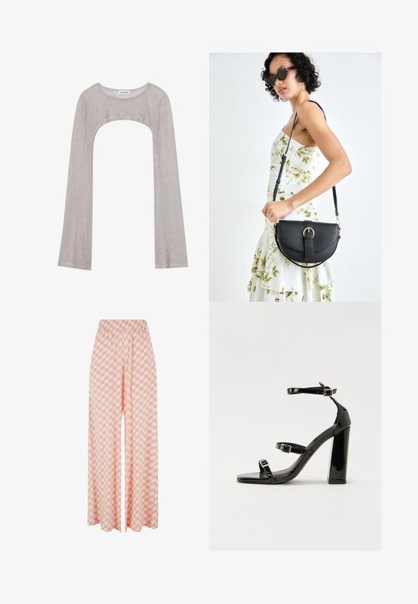 Srebrna bluza z dolgimi rokavi in okroglim izrezom, z izrezom spodaj. Narejena iz teksturiranega materiala, z oprijetim krojem in razširjenimi rokavi.; Svetlo roza hlače širokega kroja z karo vzorcem v izmeničnih odtenkih, z elastičnim pasom za udobno nošenje.; Črne lakirane sandale s peto, kvadratnim prstom, trakovi okrog gležnja in srebrnimi zaponkami. Opremljene so s stabilno Debelo peto.; Črna usnjena torbica s ukrivljeno obliko, z odstranljivo naramnico in zlatimi dodatki. Torbica ima pokrov s podrobnostmi v obliki zaponke.