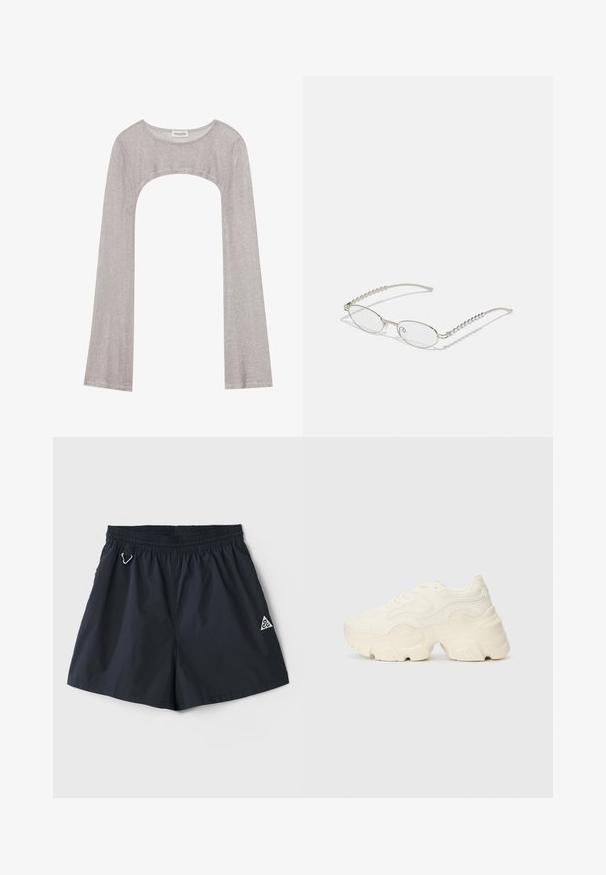 Srebrna bluza z dolgimi rokavi in okroglim izrezom, z izrezom spodaj. Narejena iz teksturiranega materiala, z oprijetim krojem in razširjenimi rokavi.; Lahki mornarski modri šorts z elastičnim pasom, stranskimi žepi in majhnim trikotnim logotipom; gladka tekstura, minimalističen dizajn.; Debele bele športne copate, izdelane iz teksturirane mrežaste in sintetične materialov, z debelim podplatom in zapletenimi vzorčičnimi detajli ob straneh.; Ovalna očala s kovinsko srebrnim okvirjem, prozornimi lečami in teksturiranimi perlastimi detajli na stenah. Lahka zasnova z ukrivljenimi ročaji.