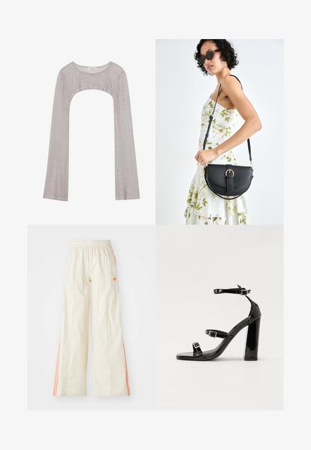 Top prateado de manga longa com um decote arredondado e recorte na parte inferior. Feito de tecido texturizado, apresentando um design ajustado e mangas largas.; Calças largas de cor crème com um cós elástico, apresentando riscas laterais laranja e um pequeno logotipo laranja na parte da frente.; Sandálias pretas de verniz com salto alto, duas fivelas, biqueira quadrada e salto largo, apresentando uma textura lisa e brilhante.; Bolsa de couro preta com forma curva, alça destacável e detalhes em dourado. A bolsa possui uma aba com detalhe de fivela.