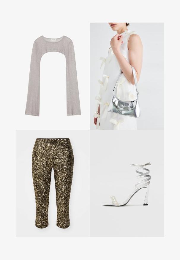 Hõbedane pika varrukaga topp ümarate peadega ja lõigetega all. Valmistatud tekstuuriga kangast, millel on kehaeenduv disain ja laienevad varrukad.; Kuldne sädeleva pinnaga kapri püksid, millel on liibuv disain ja elastne vöökoht, tõmmates tähelepanu oma särava, tekstuuriga pinnale, mis püüab valgust.; Hõbedased kõrge kontsaga sandaalid läikiva rihma disainiga, millel on pärlilaadne aktsent ja keerduv pahkluu rihm turvaliseks sobivuseks.; Hõbedane metallik käekott struktureeritud kujuga, millel on ülemine sang ja ettepoole suunatud paeladetail. Sile tekstuur, peegeldav viimistlus.