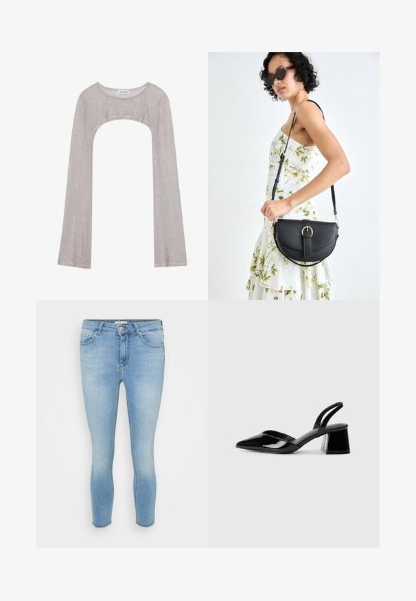 Ezüst hosszú ujjú felső kerek nyakkivágással és alul kivágott résszel. Texturált anyagból készült, testhezálló szabással és bővülő ujjakkal.; Világoskék, skinny farmerek, amelyek denimből készültek. Jellemzője a szabványos derékpánt gombos zárással és a bokánál rojtos szegések. Megjelenik rajtuk a kopottas részlet.; Fekete lakk bőr szandálkés magas sarkú cipő, hegyes orral és geometrikus tömbsarkakkal. Karcsú, minimalista dizájn és sima textúra jellemzi.; Fekete bőrtáska ívelt formával, levehető pánttal és arany színű fémrészekkel. A táskán egy csattal díszített fedél található.