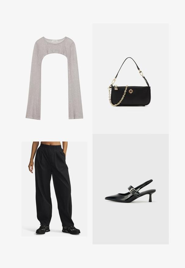 Hopeapintainen pitkähihainen paita, jossa on pyöreä pääntie ja leikattu kohta alapuolella. Valmistettu teksturoidusta kankaasta, jossa on vartalon myötäinen muotoilu ja levenevät hihat.; Mustat, löysät housut, jotka on valmistettu kevyestä kankaasta ja joissa on elastinen vyötärö. Housuissa on sivutaskut ja ne ovat sileäpintaiset.; Musta patenttinaahkakengät, joissa on osoittava kärki ja pieni lohko korko, varustettuna hopeisella soljella hihnassa.; Musta käsilaukku, jossa on sileä pinta, kultaketjuhihna, vetoketjukiinnitys ja koristeellinen kultainen tunnus etupuolella.