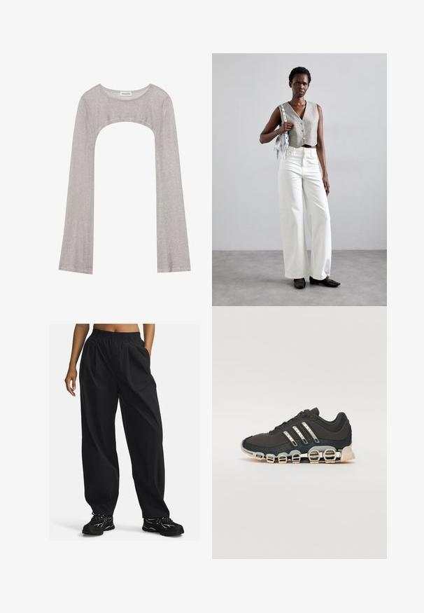 Hopeapintainen pitkähihainen paita, jossa on pyöreä pääntie ja leikattu kohta alapuolella. Valmistettu teksturoidusta kankaasta, jossa on vartalon myötäinen muotoilu ja levenevät hihat.; Mustat, löysät housut, jotka on valmistettu kevyestä kankaasta ja joissa on elastinen vyötärö. Housuissa on sivutaskut ja ne ovat sileäpintaiset.; Musta urheilujalkine, jossa on teksturoitu päällinen, kolme hopeista raitaa ja erottuva vaimennustuli, jonka rakenne koostuu useista integroituista osista.; Harmaa lyhyt liivi napilla, yhdistettynä valkoisiin leveälahkeisiin farkkuihin ja mustiin tasapohjaisiin kenkiin. Asusteena pieni hopeinen fringelaukku.