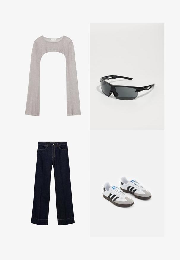 Srebrna dugorukava majica s okruglim izrezom i izrezom ispod. Izrađena od teksturiranog materijala, s prianjajućim dizajnom i flared rukavima.; Tamno plave traperice širokih nogavica, s prednjim zatvaranjem na gumb, pet džepova i kontrastnim šavovima.; Sportske cipele s gornjištem od bijele kože, sivi suedinasti nos i tri crne pruge. Imaju plavi logo na jeziku i teksturiranu gumenu podlogu.; Crne sportske sunčane naočale s zakrivljenim lećama, lagani plastični okvir i teksturirane sljepoočnice. Elegantni dizajn s integriranim nosačem.; Crna torba od pletene kože sa opuštenim dizajnom, koja ima čvorasti remen i mali dekorativni zlatni čavlić na vrhu.