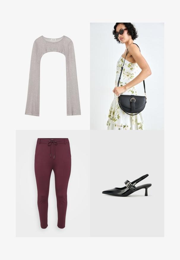 Srebrna bluza z dolgimi rokavi in okroglim izrezom, z izrezom spodaj. Narejena iz teksturiranega materiala, z oprijetim krojem in razširjenimi rokavi.; Burgundske, raztegljive hlače z vrvico v pasu, s prilegajočim dizajnom in zoženimi nogami, prikazane na beli podlagi.; Črne patent usnjene slingback pete s koničastim nosom in majhnim blok peto, ki vključujejo srebrno zaponko na traku.; Črna usnjena torbica s ukrivljeno obliko, z odstranljivo naramnico in zlatimi dodatki. Torbica ima pokrov s podrobnostmi v obliki zaponke.