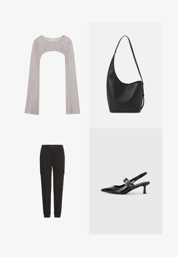 Hõbedane pika varrukaga topp ümarate peadega ja lõigetega all. Valmistatud tekstuuriga kangast, millel on kehaeenduv disain ja laienevad varrukad.; Mustad mustad püksid, mis on valmistatud kergest kangast, elastse vöökoha, küljetaskute ja lõdva lõikega.; Mustad patenteeritud nahast sildiga kontsad, millel on terav nina ja väike plokk-konts, mille rihmal on hõbedane pandla aksessuaar.; Mustast nahast hobo kott, millel on sile tekstuur, kumer kuju ja üks reguleeritav rihm; peal on lai avaus.