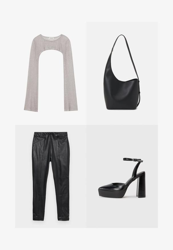 Sølv langermet topp med rund hals og utskjæring under. Laget av teksturert stoff, med en tettsittende design og utsvungne ermer.; Sorte skinnbukser med slim fit, med elastisk midje og to frontlommer med sømdetaljer. Jevn, strukturert finish.; Sorte plattformhelter med spiss tå og justerbar ankelrem. Laget av glatt lær, med en robust blokkhel.; Svart lær hobo-veske med glatt tekstur, buet form og enkelt justerbart stropp; har en bred åpning på toppen.