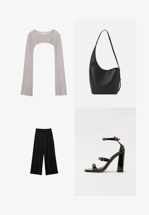 Hopeapintainen pitkähihainen paita, jossa on pyöreä pääntie ja leikattu kohta alapuolella. Valmistettu teksturoidusta kankaasta, jossa on vartalon myötäinen muotoilu ja levenevät hihat.; Mustat löysät housut korkealla vyötäröllä, joissa on laskoksia, sileä pinta ja ei näkyviä taskuja tai koristeluja.; Musta kiiltäväpintainen korkokengät, joissa on kaksi solkikiinnitystä, neliönmuotoinen kärki ja paksu korko, sileällä, kiiltävällä pintarakenteella.; Musta nahkainen hobo-laukku, jossa on sileä pinta, kaareva muoto ja yksi säädettävä olkahihna; sisäänkäynti on leveä ylhäältä.