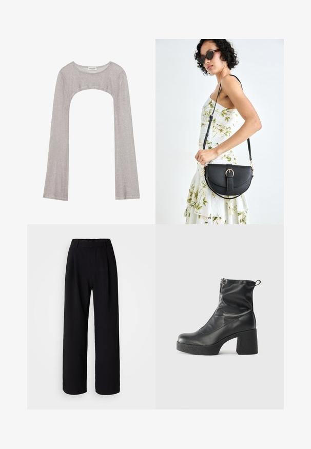 Ezüst hosszú ujjú felső kerek nyakkivágással és alul kivágott résszel. Texturált anyagból készült, testhezálló szabással és bővülő ujjakkal.; Fekete, bő szárú nadrág sima anyagból. Illeszkedő derékrésszel és elülső redőkkel rendelkezik a nagyobb térfogat érdekében. Szabott kialakítás.; Fekete bokacsizmák sima bőrből, oldalsó cipzárral, vastag, texturált sarkú és lekerekített orrú dizájnnal.; Fekete bőrtáska ívelt formával, levehető pánttal és arany színű fémrészekkel. A táskán egy csattal díszített fedél található.