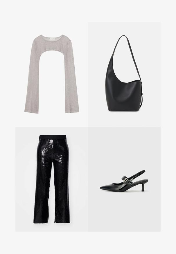 Silver long-sleeve top with a rounded neckline and cut-out below. Made of textured fabric, featuring a fitted design and flared sleeves.; Black sequined pants with a straight cut, elastic waistband, and shiny texture reflecting light. Full-length, no pockets, and smooth finish.; Black patent leather slingback heels with a pointed toe and a small block heel, featuring a silver buckle accent on the strap.; Black leather hobo bag with a smooth texture, curved shape, and single adjustable strap; features a wide opening at the top.