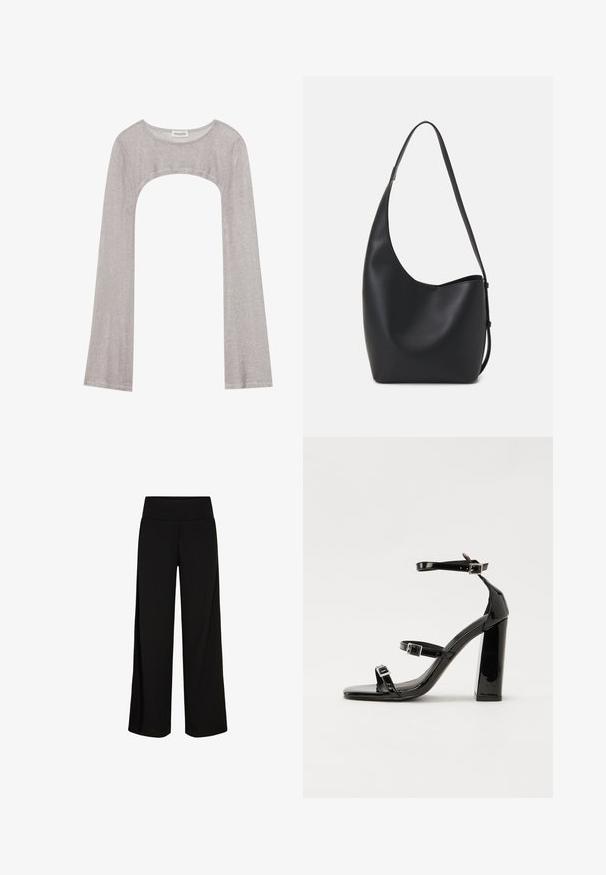 Zilveren lange mouwen top met een ronde hals en een uitsnede eronder. Gemaakt van gestructureerde stof, met een aansluitend ontwerp en uitlopende mouwen.; Zwarte broek met wijde pijpen en een zachte, rekbare tailleband. Glad materiaal, ontwerp met volledige lengte, zonder zichtbare sluitingen of patronen.; Zwarte gepatenteerde sandalen met hak en een vierkante neus, enkelbandjes en zilveren gespen. Heeft een stevige blokhak voor stabiliteit.; Zwarte leren hobo tas met een gladde textuur, kromme vorm en een enkele verstelbare schouderband; heeft een brede opening aan de bovenkant.