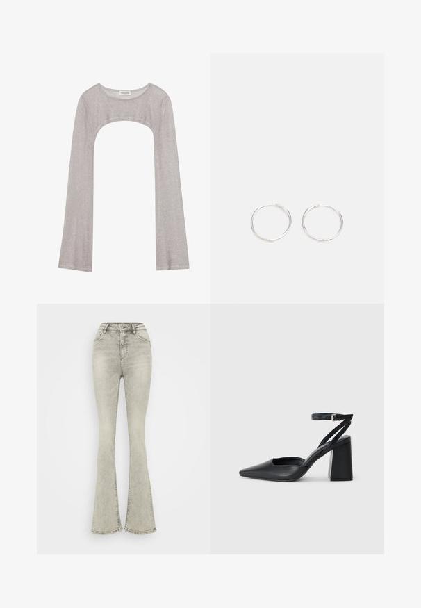 Hõbedane pika varrukaga topp ümarate peadega ja lõigetega all. Valmistatud tekstuuriga kangast, millel on kehaeenduv disain ja laienevad varrukad.; Heled hõbedased laiad teksad kõrge vöökohaga, valmistatud denimist, millel on tõmblukk ja peened õmblused õmbluste ääres.; Mustmustest must-käigukingad, millel on konksuga nöör ja paks konts. Ühtlane tekstuur, stiilne disain ja minimalistlik esteetika.; Hõbedased rõngaskõrvarõngad, millel on sujuv ja ümar disain, millel on sile pind ja nähtavad kaunistused puuduvad. Diameeter ei ole täpsustatud.