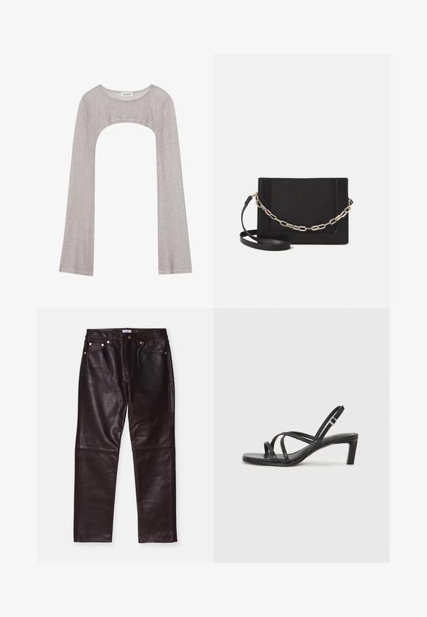 Zilveren lange mouwen top met een ronde hals en een uitsnede eronder. Gemaakt van gestructureerde stof, met een aansluitend ontwerp en uitlopende mouwen.; Bruine leren broek met een gladde textuur, voorzien van vier zakken, een rits en metalen accenten. Op maat gemaakte rechte pijpen.; Zwarte sandaal met bandjes, vierkante teen en een lage blokhak. Voorzien van meerdere dunne bandjes en een verstelbare enkelband. Gemaakt van zacht leer.; Zwarte leren schoudertas met een gladde textuur, rechthoekige vorm en een metallic kettingdetail aan de voorkant. Verstelbare schouderband inbegrepen.