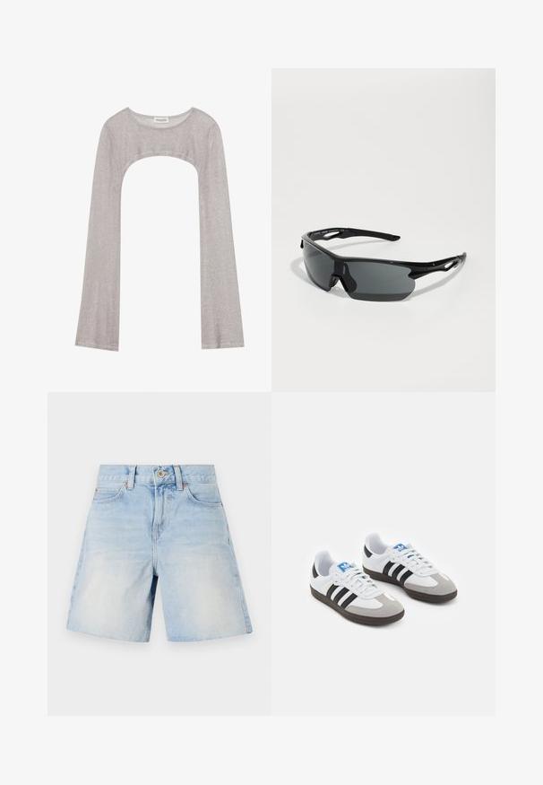 Hõbedane pika varrukaga topp ümarate peadega ja lõigetega all. Valmistatud tekstuuriga kangast, millel on kehaeenduv disain ja laienevad varrukad.; Heledad sinise denimi lühikesed püksid kõrge vöökohaga, viie taskuga ja nööbiga kinnitamiseks. Omab kerget kulumist ning tugevdatud õmblusi.; Spordijalatsid valge nahkpealsega, halli nubuk-naha otsaga ja kolme musta triibuga. Omab sinist logo keele peal ja struktureeritud kummitalda.; Mustad sportprillid, millel on kumerad läätsed, kerge plastikraam ja tekstuuriga tempel. Sile disain koos integreeritud ninaosaga.; Must muströmpa mustri nahast käekott, millel on lõtv disain, varustatud sõlmitud rihmaga ja väikese dekoratiivse kuldse nupu ülaosas.