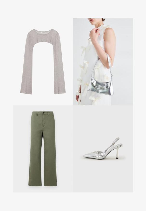 Srebrna dugorukava majica s okruglim izrezom i izrezom ispod. Izrađena od teksturiranog materijala, s prianjajućim dizajnom i flared rukavima.; Maslinzasti ravni hlače sa petljama za pojas, zatvaranjem na dugme i prednjim patentnim zatvaračem na jednostavnoj bijeloj pozadini.; Srebrna slingback salonska cipela s oštrim prstom, metalik završnom obradom, dva dekorativna remena i vitkim potplatom s crnim vrhom.; Srebrna metalik torbica sa strukturiranim oblikom, s gornjom drškom i detaljem mašne sprijeda. Glatka tekstura, reflektirajući finiš.