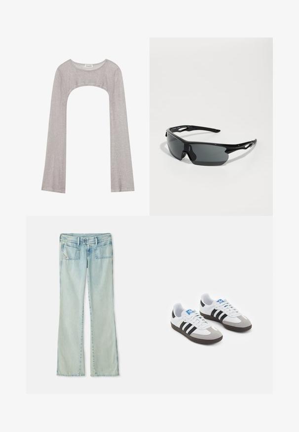 Haut argent à manches longues avec un col rond et une coupe en dessous. Fabriqué en tissu texturé, il présente un design ajusté et des manches évasées.; Jean bleu clair en denim, avec une coupe droite, deux poches avant et deux poches arrière. Texture décolorée sur l'ensemble.; Baskets avec une tige en cuir blanc, un bout en daim gris et trois bandes noires. Présente un logo bleu sur la languette et une semelle en caoutchouc texturée.; Lunettes de sport noires avec des verres incurvés, monture en plastique légère et branches texturées. Design élégant avec un nez intégré.