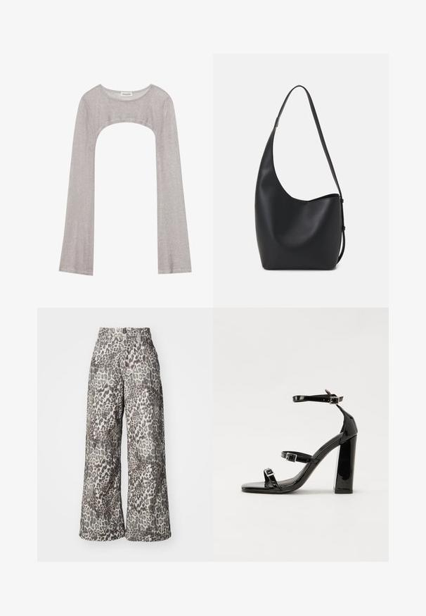 Silver long-sleeve top with a rounded neckline and cut-out below. Made of textured fabric, featuring a fitted design and flared sleeves.; Leopard print wide-leg pants in grey tones, made of soft fabric with a smooth texture; features a high waist design and front pockets.; Black patent heeled sandals with a square toe, ankle straps, and silver buckles. Features a chunky block heel for stability.; Black leather hobo bag with a smooth texture, curved shape, and single adjustable strap; features a wide opening at the top.